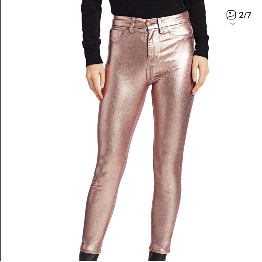 7 For All Mankind High Rise Rose Gold Metallic Skinny Jeans